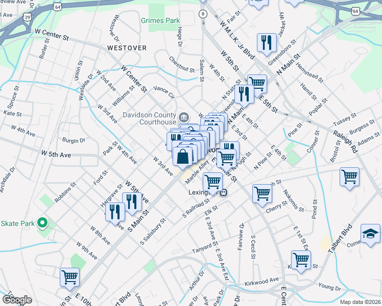 map of restaurants, bars, coffee shops, grocery stores, and more near 100 West Center Street in Lexington