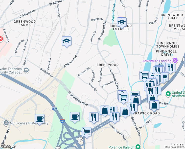 map of restaurants, bars, coffee shops, grocery stores, and more near 3217 Glenridge Drive in Raleigh