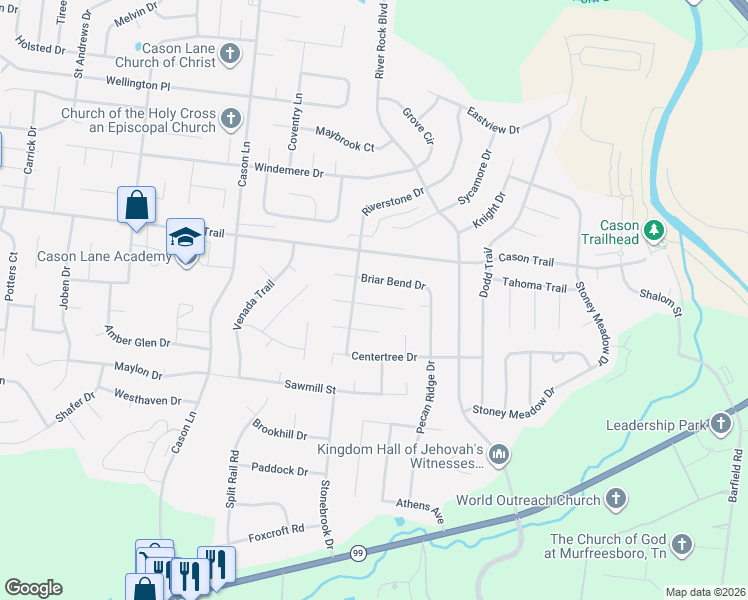 map of restaurants, bars, coffee shops, grocery stores, and more near 2326 Briar Bend Drive in Murfreesboro