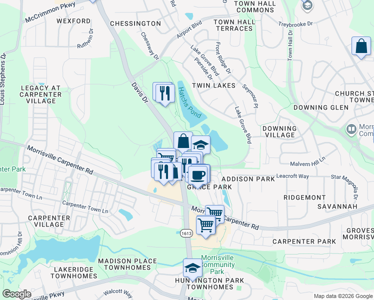 map of restaurants, bars, coffee shops, grocery stores, and more near 3612 Davis Drive in Morrisville
