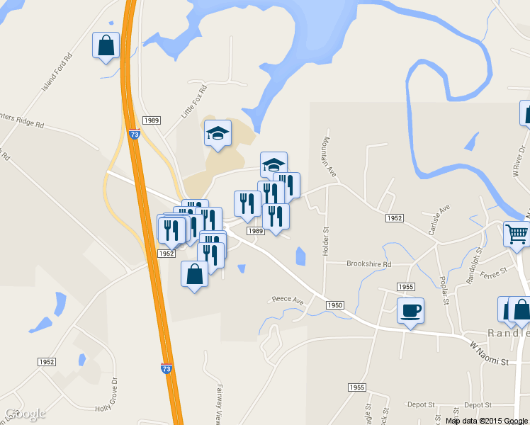 map of restaurants, bars, coffee shops, grocery stores, and more near 800 High Point St in Randleman