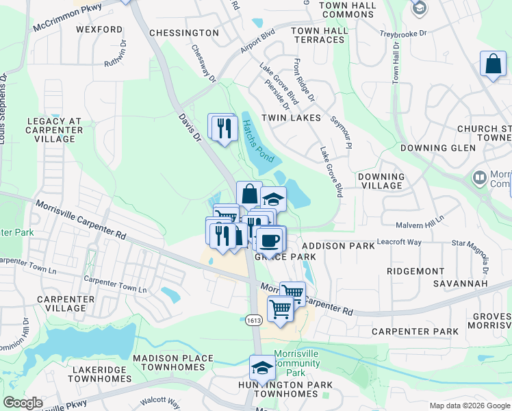 map of restaurants, bars, coffee shops, grocery stores, and more near 905 Lakeford Drive in Morrisville
