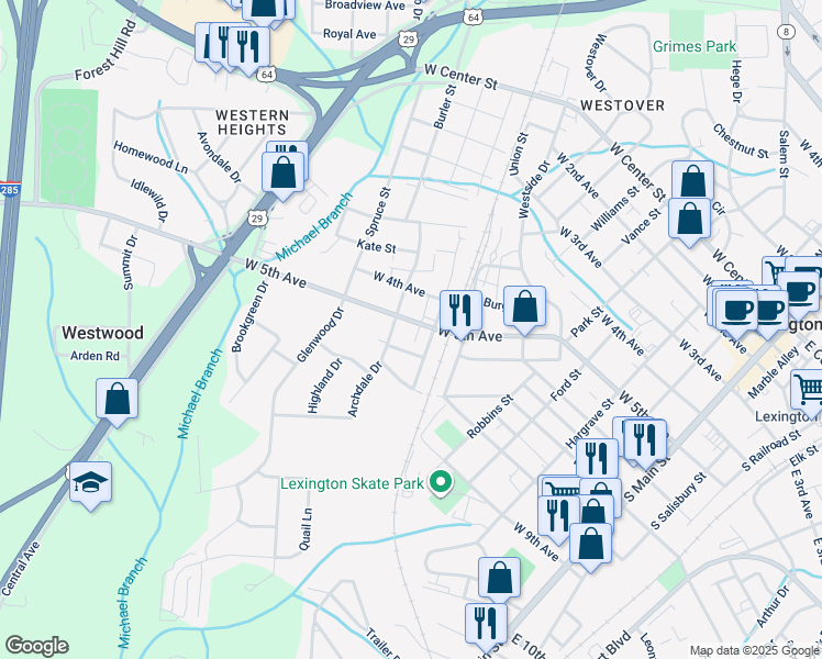 map of restaurants, bars, coffee shops, grocery stores, and more near 511 West 5th Avenue in Lexington