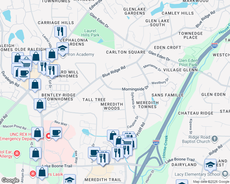 map of restaurants, bars, coffee shops, grocery stores, and more near 3508 Morningside Drive in Raleigh