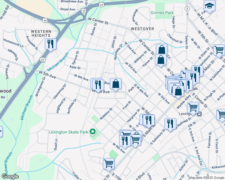 map of restaurants, bars, coffee shops, grocery stores, and more near 502 West 5th Avenue in Lexington