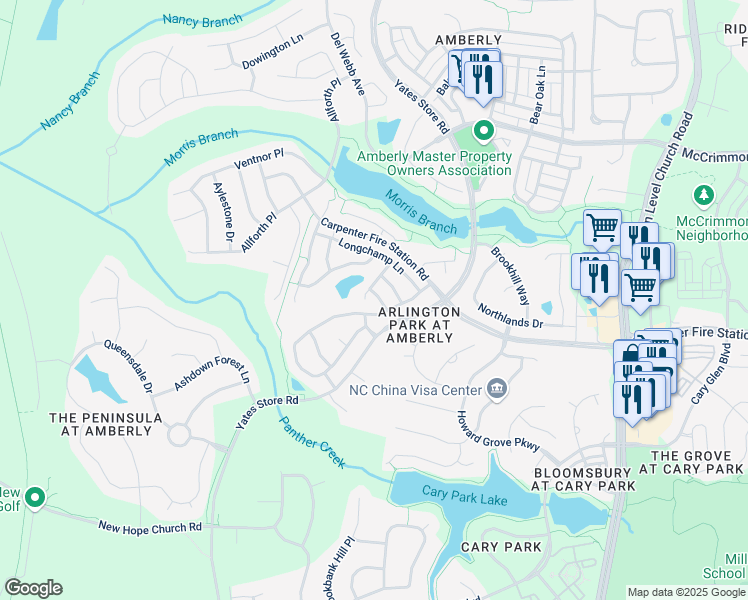map of restaurants, bars, coffee shops, grocery stores, and more near 517 Camden Yards Way in Cary