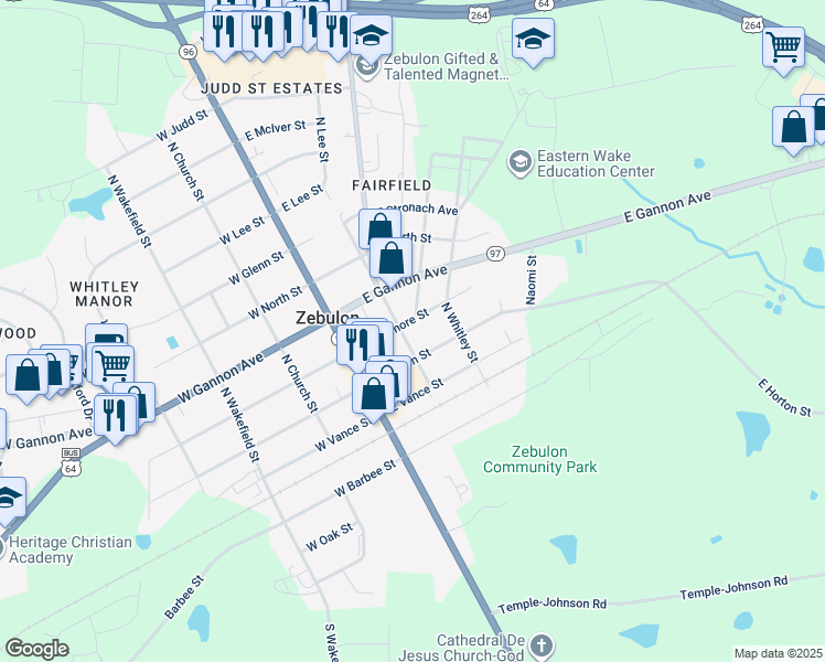 map of restaurants, bars, coffee shops, grocery stores, and more near 201 East Sycamore Street in Zebulon