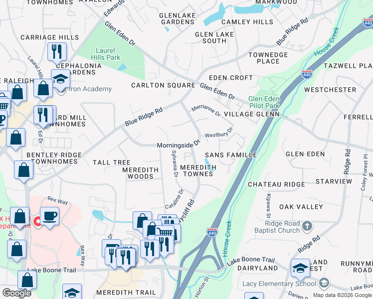map of restaurants, bars, coffee shops, grocery stores, and more near 3304 Morningside Drive in Raleigh