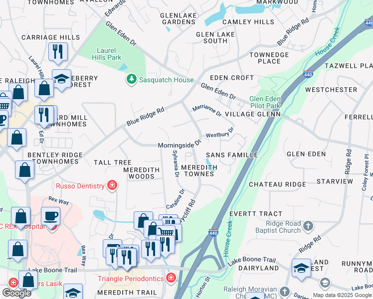 map of restaurants, bars, coffee shops, grocery stores, and more near 3304 Morningside Drive in Raleigh
