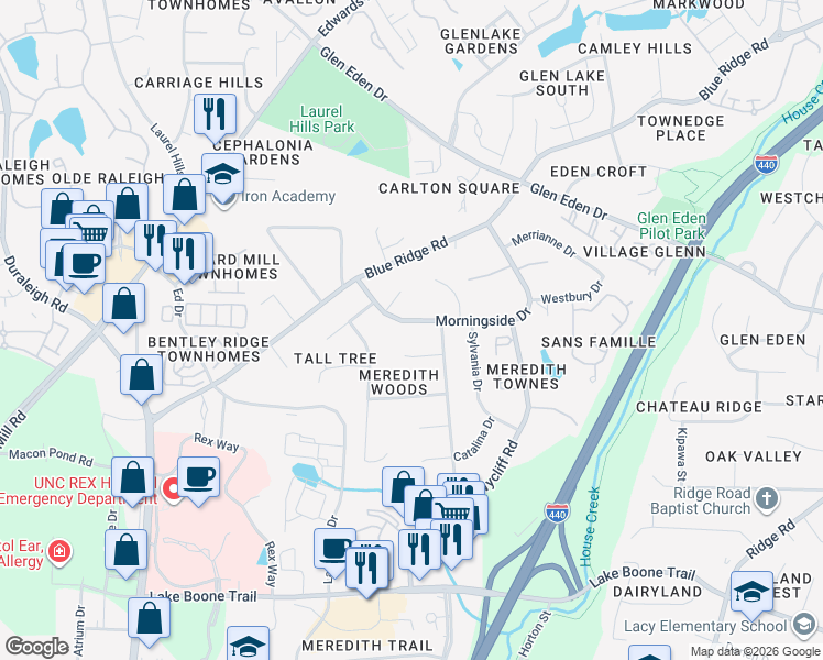 map of restaurants, bars, coffee shops, grocery stores, and more near 3508 Morningside Drive in Raleigh