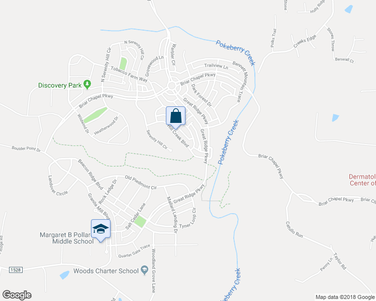 map of restaurants, bars, coffee shops, grocery stores, and more near 101 Hill Creek Boulevard in Chapel Hill