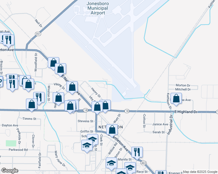 map of restaurants, bars, coffee shops, grocery stores, and more near 1712 Arch Street in Jonesboro
