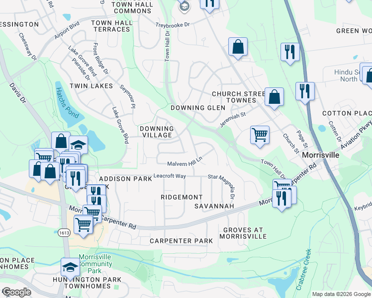 map of restaurants, bars, coffee shops, grocery stores, and more near 112 Union Ridge Drive in Morrisville