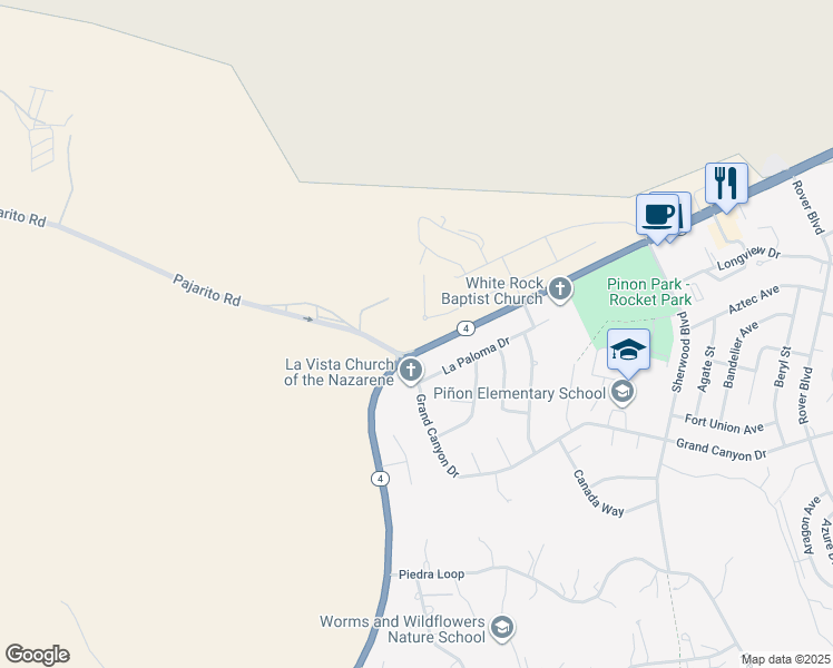 map of restaurants, bars, coffee shops, grocery stores, and more near 9999 Grand Canyon Drive in Los Alamos