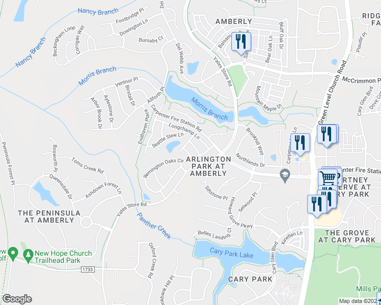map of restaurants, bars, coffee shops, grocery stores, and more near 510 Camden Yards Way in Cary
