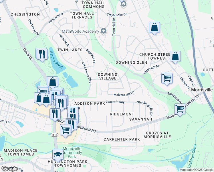 map of restaurants, bars, coffee shops, grocery stores, and more near 944 Shining Wire Way in Morrisville