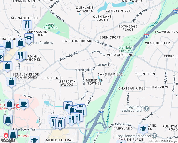 map of restaurants, bars, coffee shops, grocery stores, and more near 3304 Morningside Drive in Raleigh