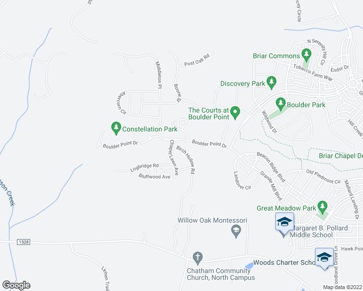 map of restaurants, bars, coffee shops, grocery stores, and more near 43 Birch Hollow Road in Chapel Hill