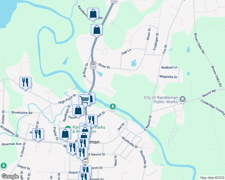 map of restaurants, bars, coffee shops, grocery stores, and more near 133 East River Drive in Randleman
