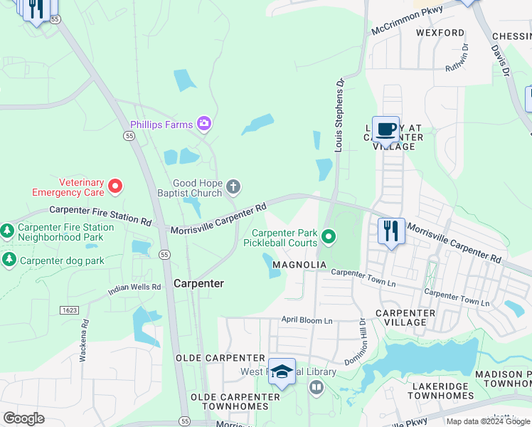 map of restaurants, bars, coffee shops, grocery stores, and more near 1609 Morrisville Carpenter Road in Cary