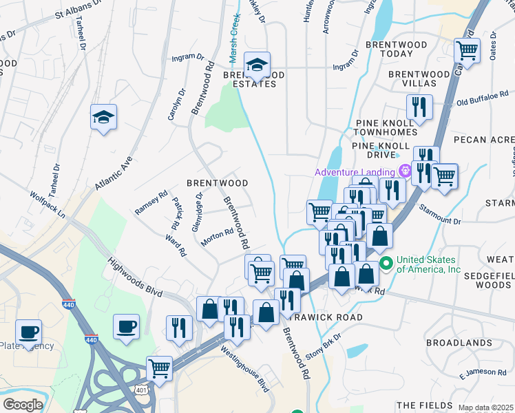 map of restaurants, bars, coffee shops, grocery stores, and more near 3116 Crandon Ln in Raleigh