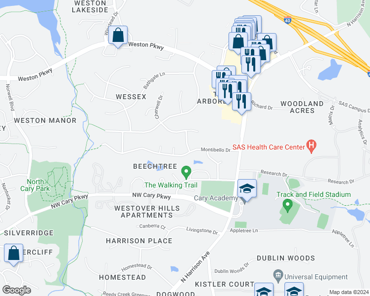 map of restaurants, bars, coffee shops, grocery stores, and more near 103 Pinehill Way in Cary