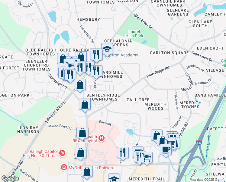 map of restaurants, bars, coffee shops, grocery stores, and more near 3225 Blue Ridge Road in Raleigh