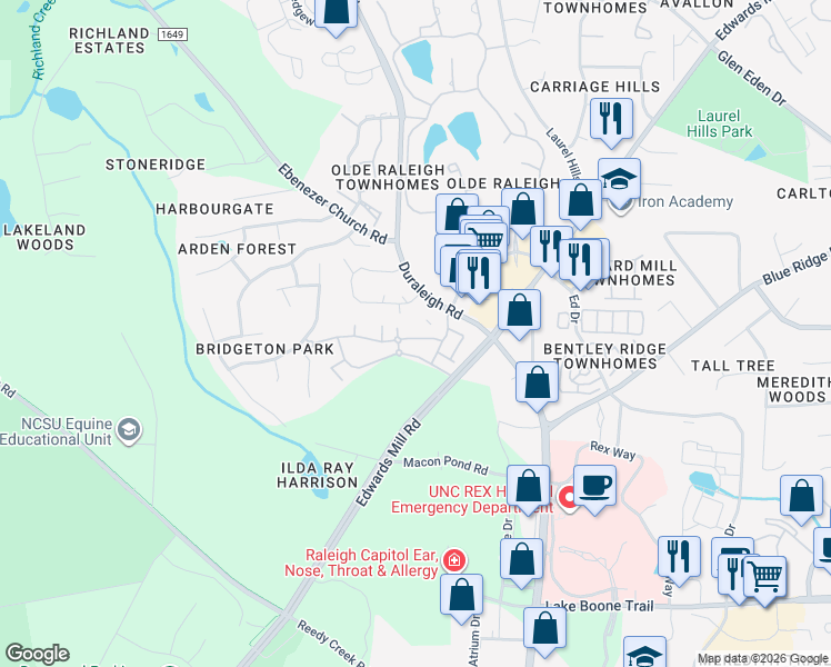 map of restaurants, bars, coffee shops, grocery stores, and more near 3225 Mill Run in Raleigh