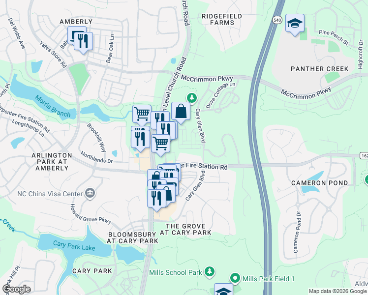 map of restaurants, bars, coffee shops, grocery stores, and more near 909 Morris Dale Lane in Cary