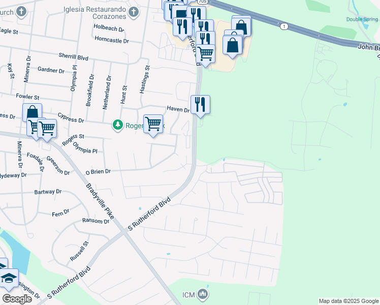 map of restaurants, bars, coffee shops, grocery stores, and more near 2615 South Rutherford Boulevard in Murfreesboro