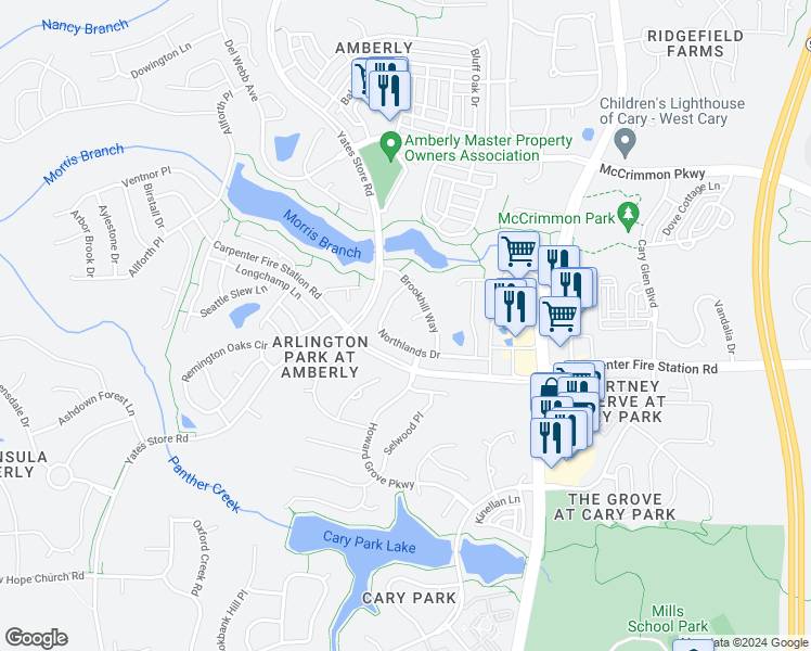 map of restaurants, bars, coffee shops, grocery stores, and more near 611 Prairie Meadows Court in Cary