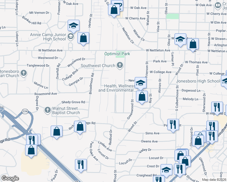 map of restaurants, bars, coffee shops, grocery stores, and more near 1809 Crestview Street in Jonesboro