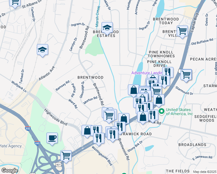 map of restaurants, bars, coffee shops, grocery stores, and more near 3116 Crandon Ln in Raleigh
