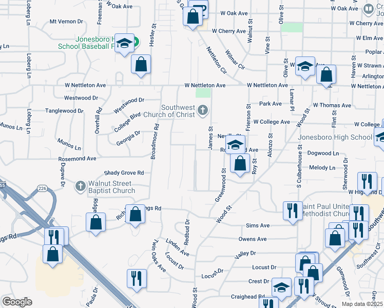 map of restaurants, bars, coffee shops, grocery stores, and more near 1809 Crestview Street in Jonesboro