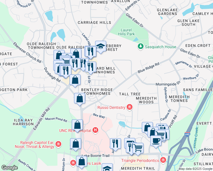 map of restaurants, bars, coffee shops, grocery stores, and more near 3225 Blue Ridge Road in Raleigh