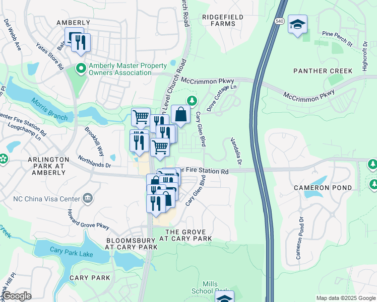 map of restaurants, bars, coffee shops, grocery stores, and more near 743 Blossom Grove Drive in Cary