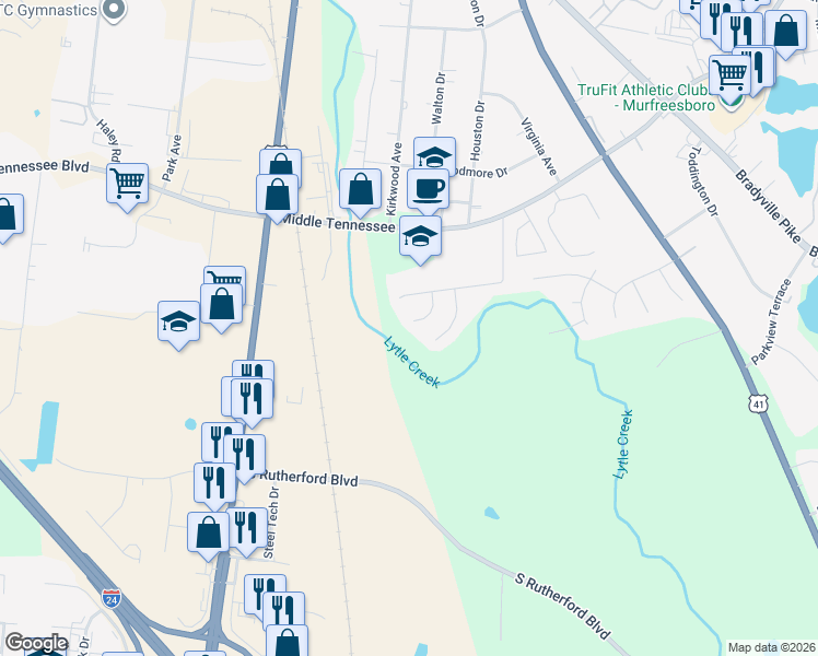 map of restaurants, bars, coffee shops, grocery stores, and more near 1516 Nathan Court in Murfreesboro