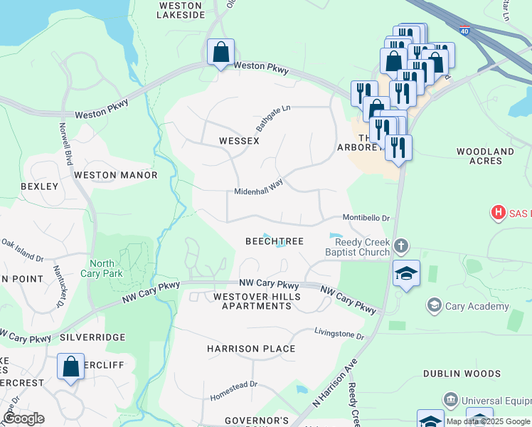 map of restaurants, bars, coffee shops, grocery stores, and more near 224 Montibello Drive in Cary