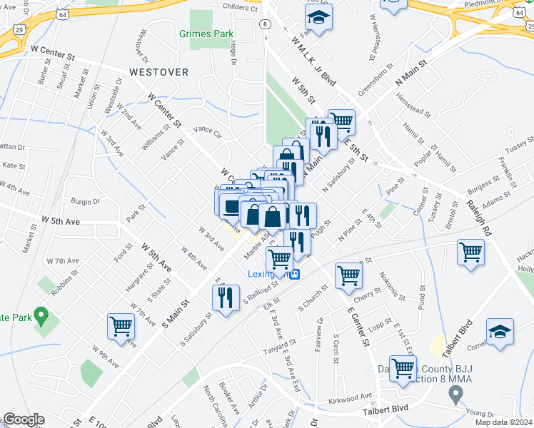 map of restaurants, bars, coffee shops, grocery stores, and more near 2 West Center Street in Lexington