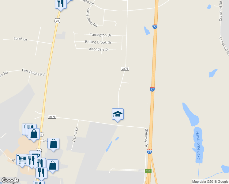 map of restaurants, bars, coffee shops, grocery stores, and more near 309 James Farm Road in Statesville