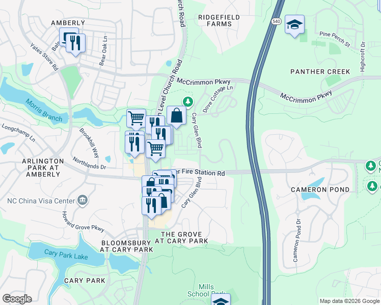 map of restaurants, bars, coffee shops, grocery stores, and more near 725 Blossom Grove Drive in Cary