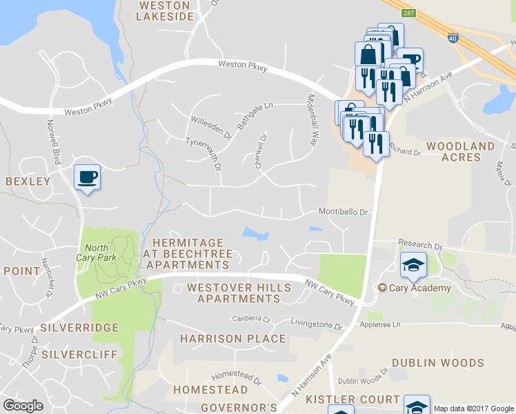 map of restaurants, bars, coffee shops, grocery stores, and more near 103 Dilworth Court in Cary