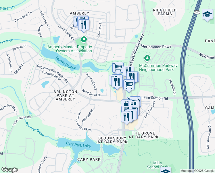 map of restaurants, bars, coffee shops, grocery stores, and more near 514 Emerald Downs Road in Cary