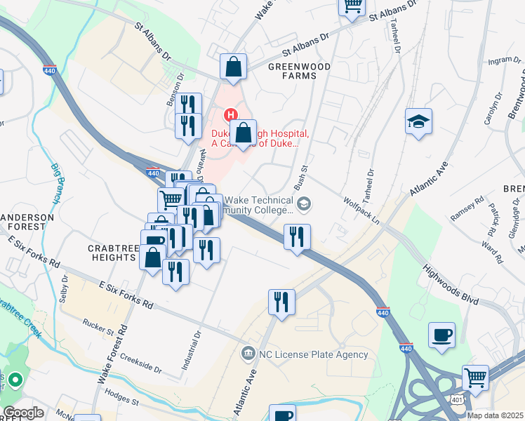 map of restaurants, bars, coffee shops, grocery stores, and more near 1608 Seminole Trail in Raleigh