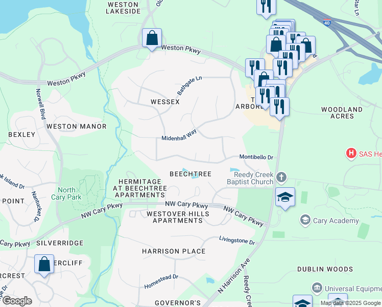map of restaurants, bars, coffee shops, grocery stores, and more near 103 Dilworth Court in Cary