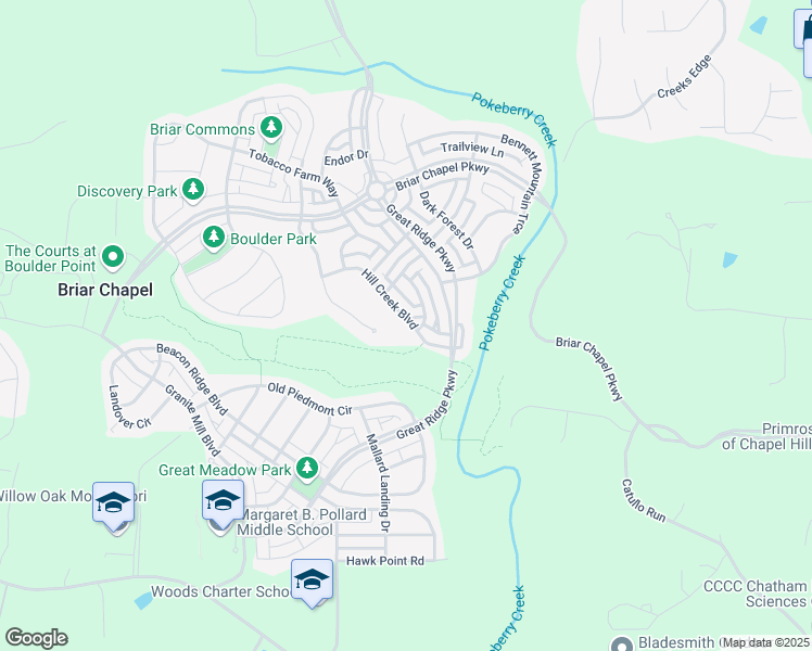 map of restaurants, bars, coffee shops, grocery stores, and more near 117 Hill Creek Boulevard in Chapel Hill