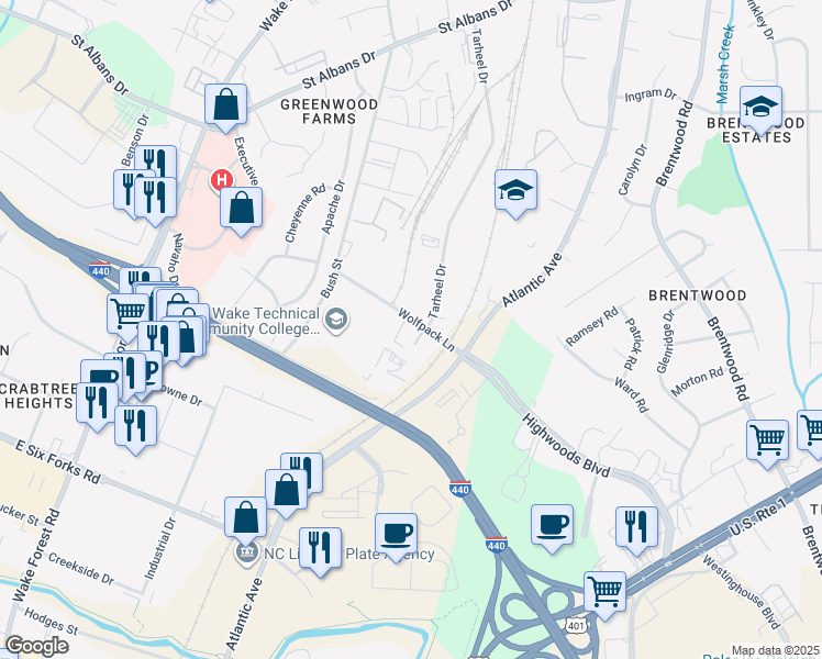 map of restaurants, bars, coffee shops, grocery stores, and more near 1620 Wolfpack Lane in Raleigh
