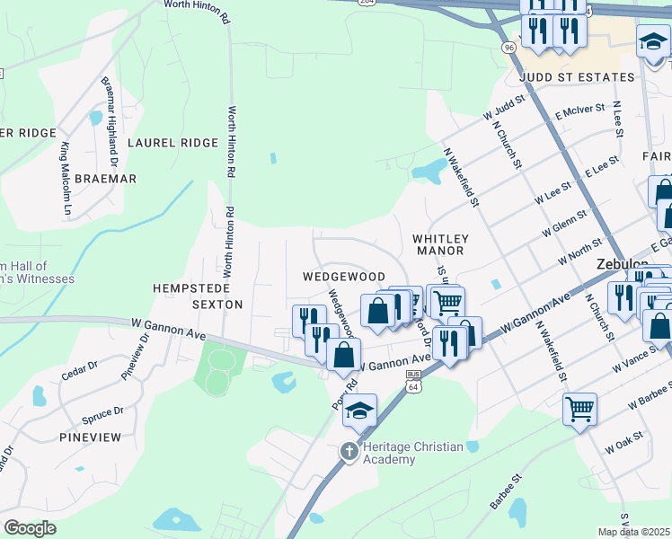 map of restaurants, bars, coffee shops, grocery stores, and more near 527 Somerset Drive in Zebulon