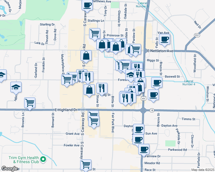 map of restaurants, bars, coffee shops, grocery stores, and more near 1702 Bittle Street in Jonesboro