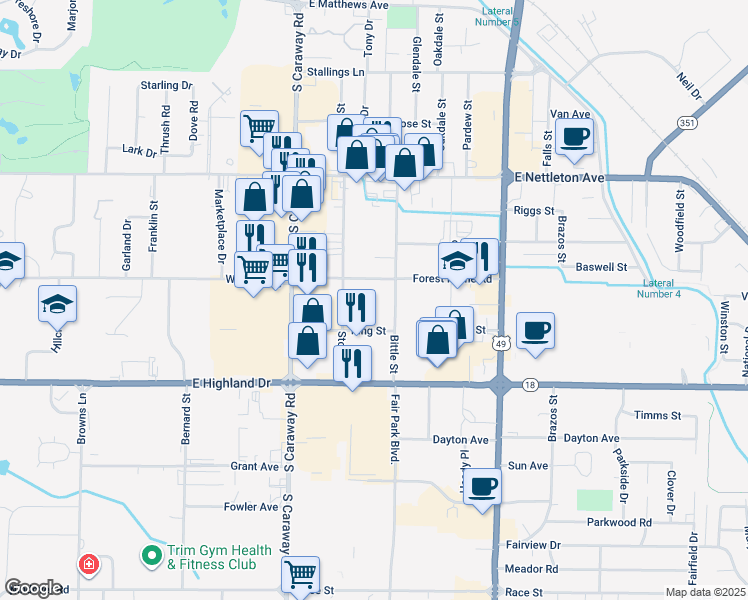 map of restaurants, bars, coffee shops, grocery stores, and more near 2507 Forest Home Road in Jonesboro